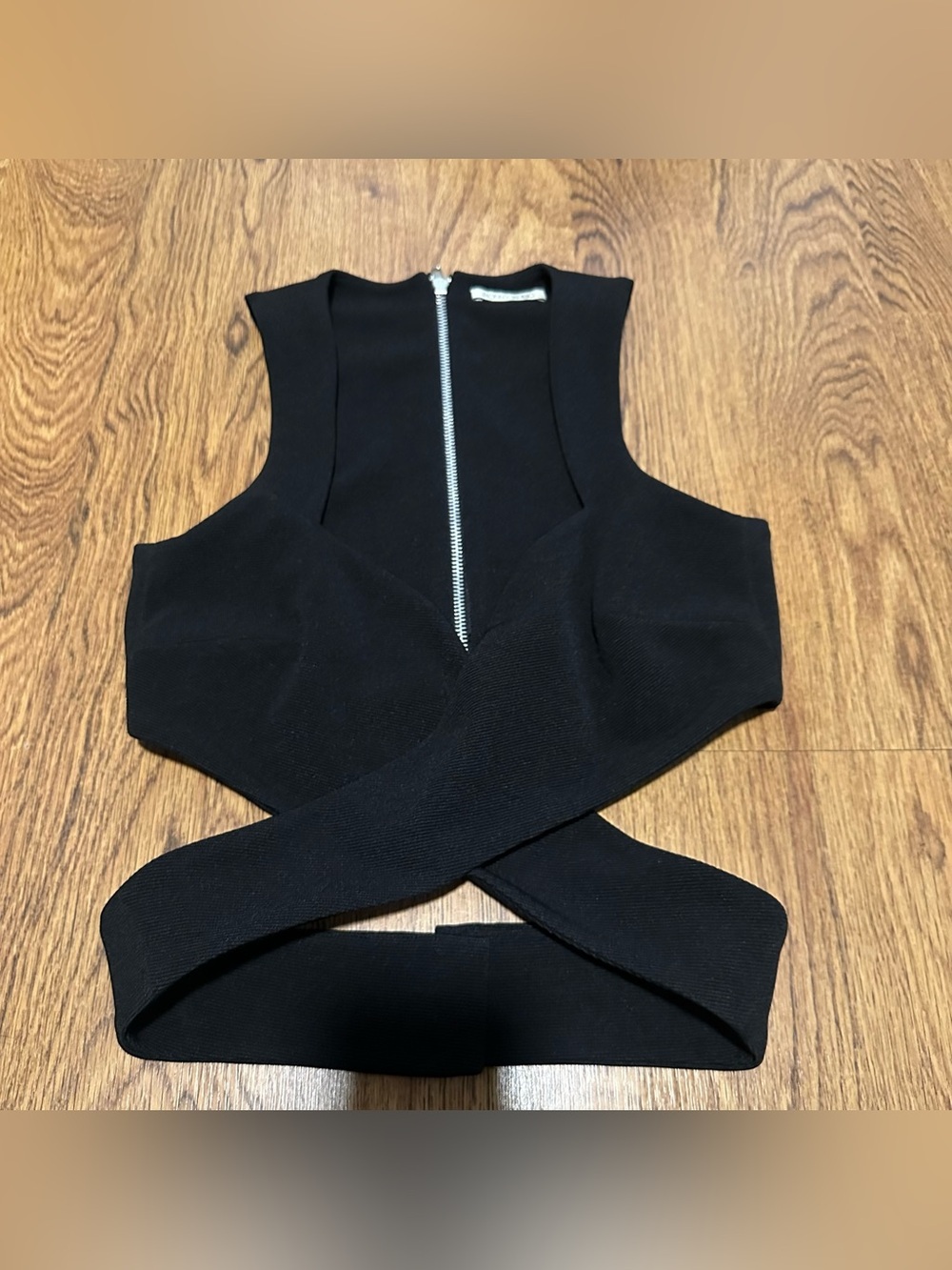 Ronny Kobo Black Cross-Wrap Crop Top back Zip small sleeveless